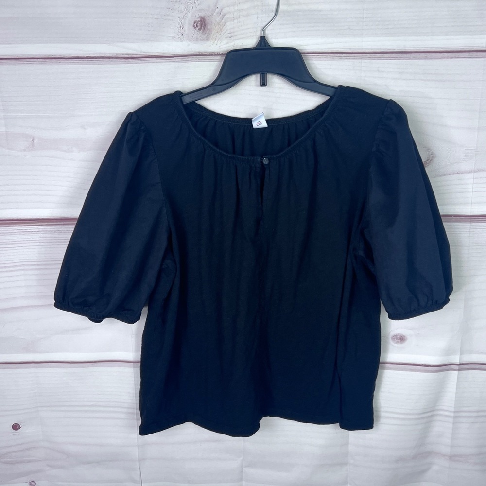 Old Navy Top Women L Black Puff Sleeve Blouse Keyhole Neck Cotton Solid Pullover